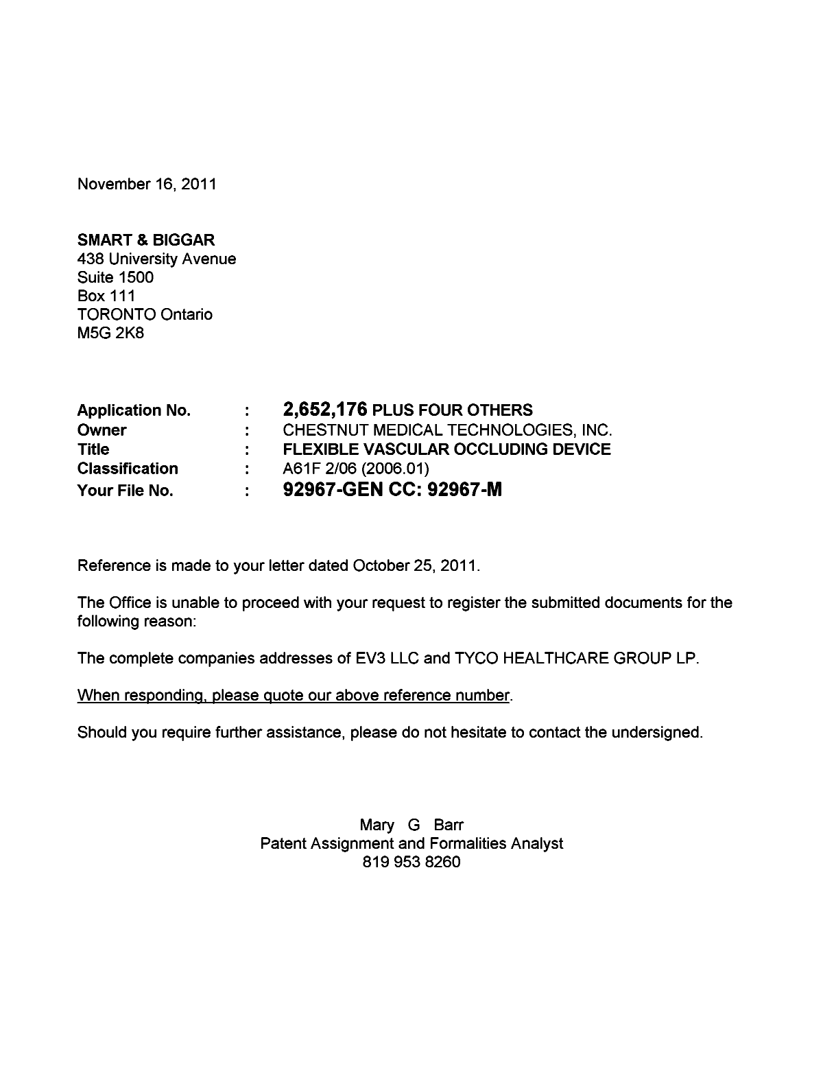 Canadian Patent Document 2652176. Correspondence 20111116. Image 1 of 1