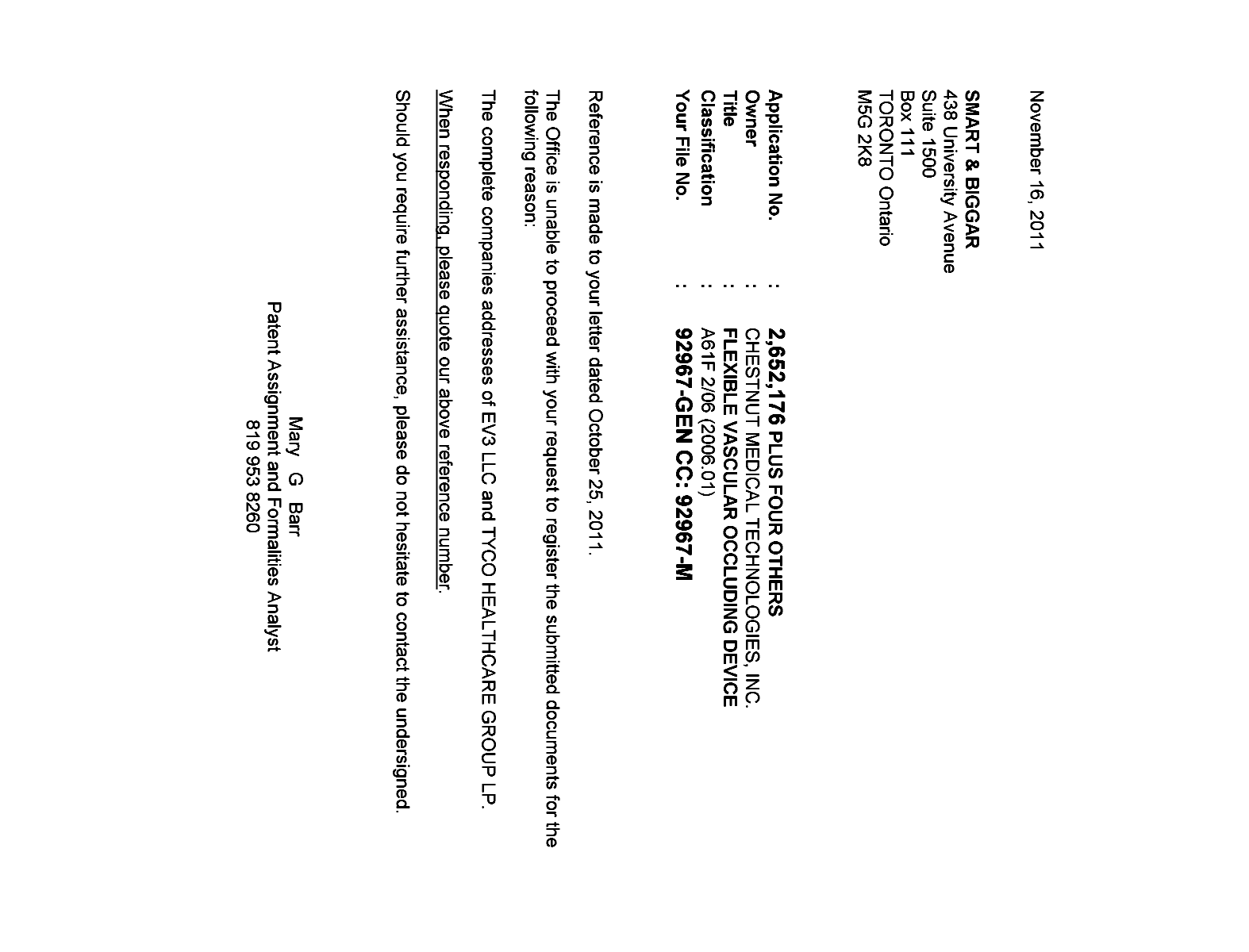 Canadian Patent Document 2652176. Correspondence 20111116. Image 1 of 1