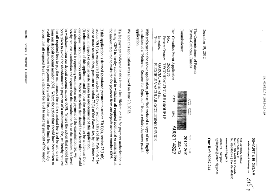 Document de brevet canadien 2652176. Poursuite-Amendment 20121219. Image 1 de 2