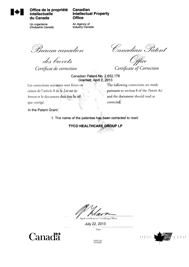 Canadian Patent Document 2652176. Cover Page 20130722. Image 2 of 2