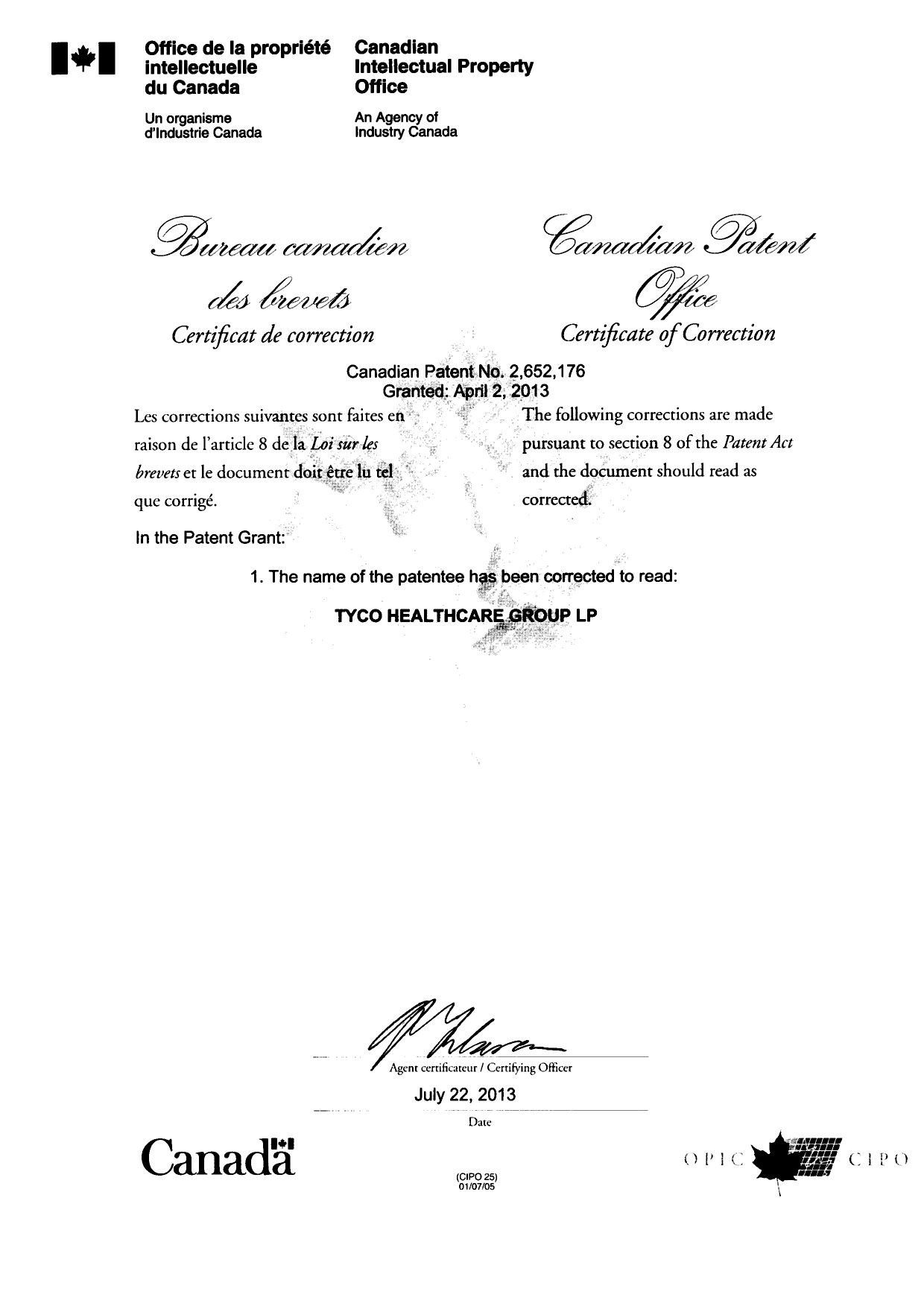 Canadian Patent Document 2652176. Cover Page 20130722. Image 2 of 2
