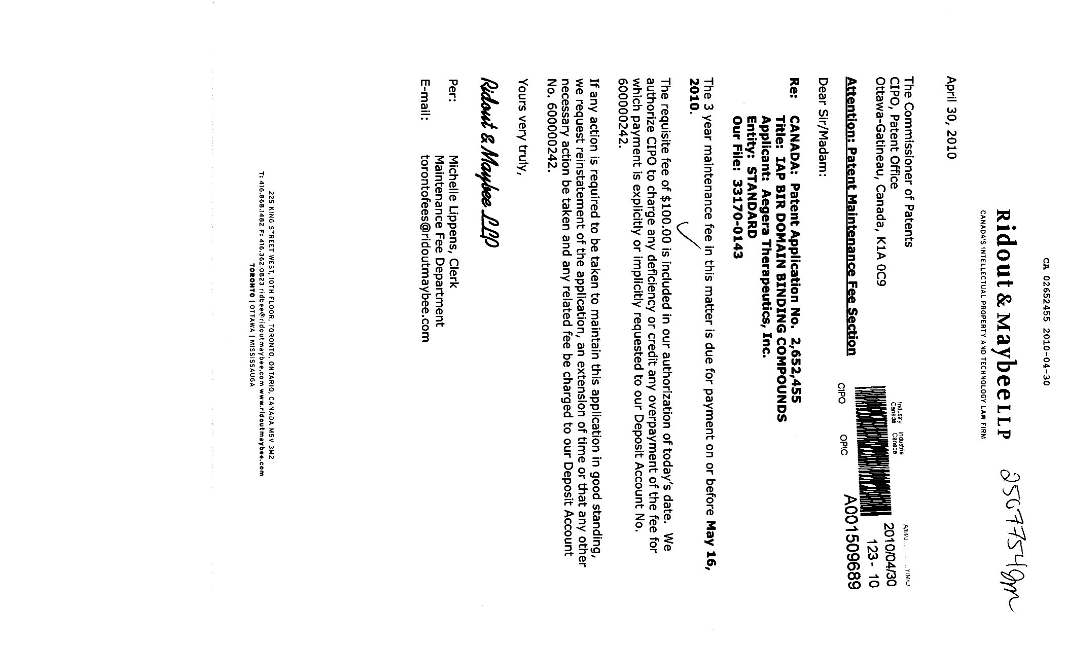 Canadian Patent Document 2652455. Fees 20091230. Image 1 of 1