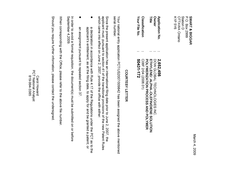 Document de brevet canadien 2652456. Correspondance 20090304. Image 1 de 1