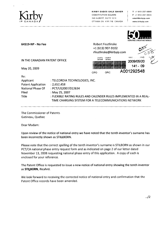 Document de brevet canadien 2652458. Correspondance 20090520. Image 1 de 6