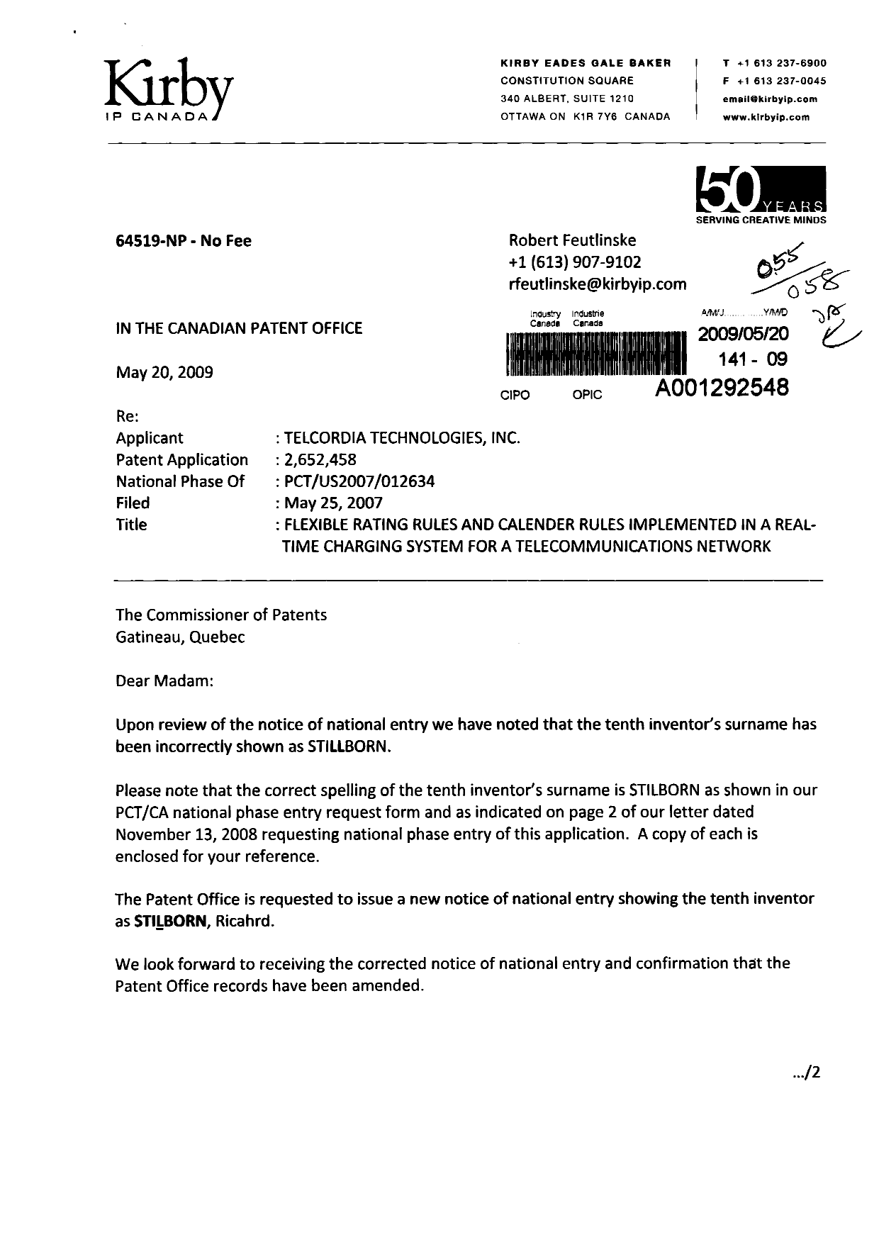Canadian Patent Document 2652458. Correspondence 20090520. Image 1 of 6