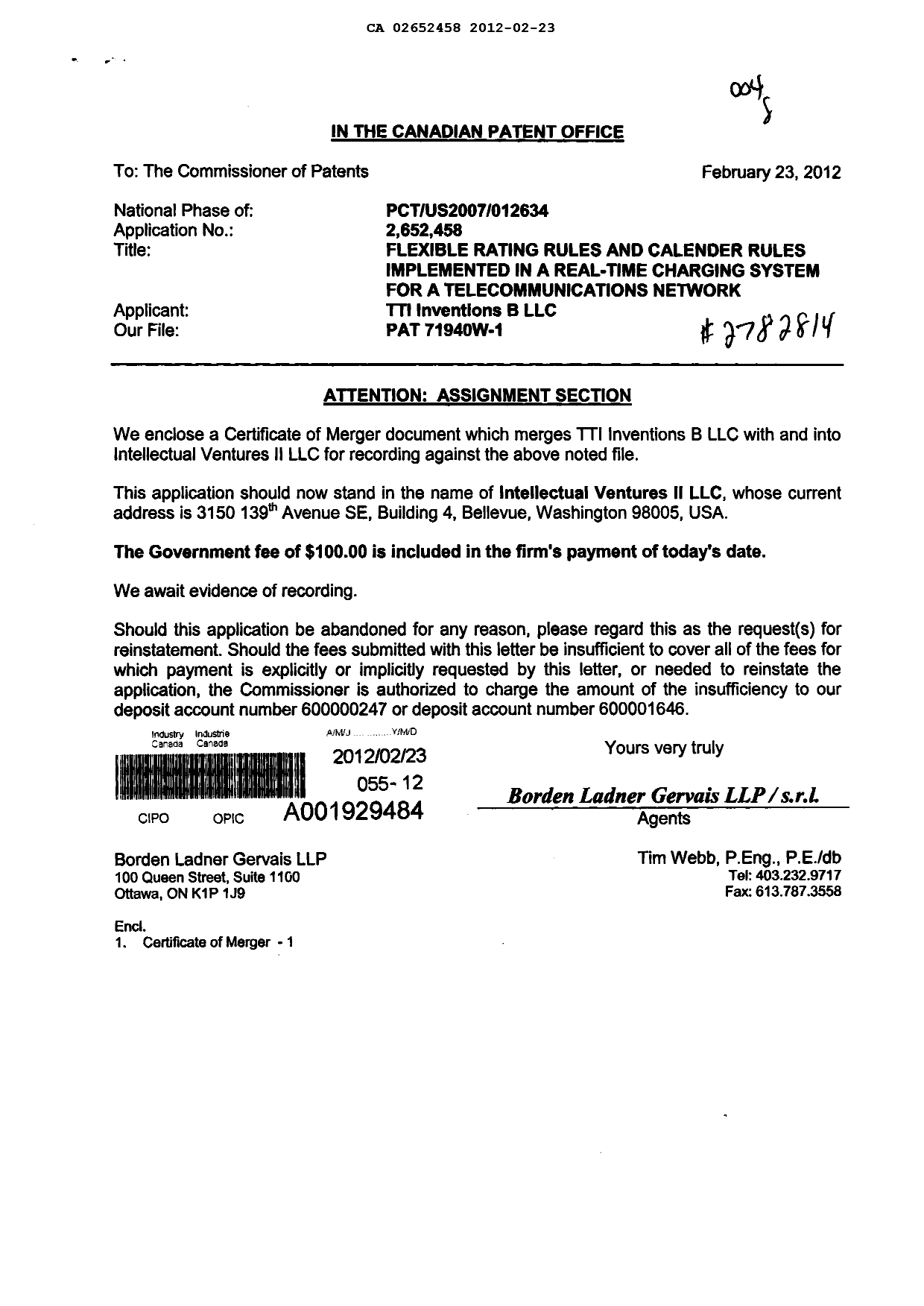 Document de brevet canadien 2652458. Cession 20120223. Image 1 de 3