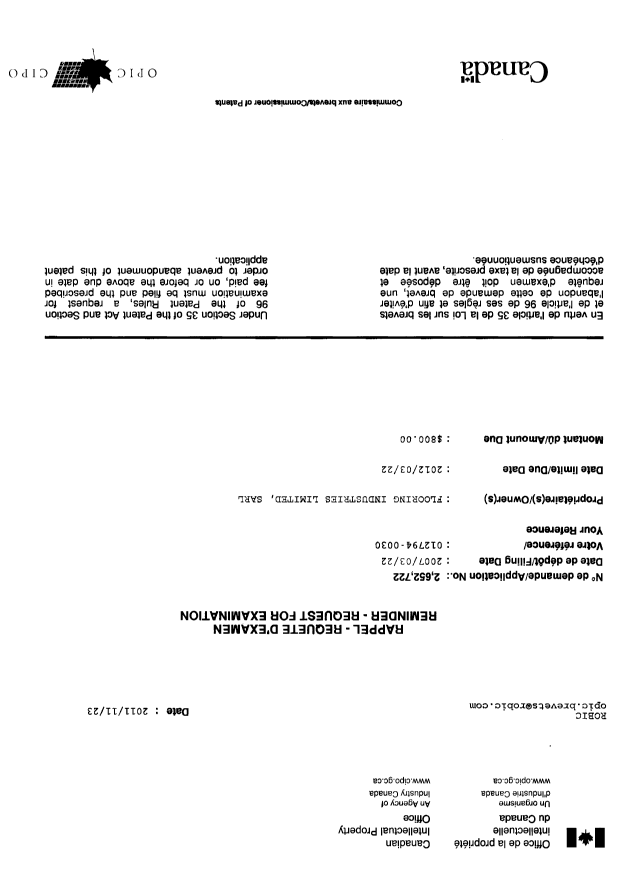 Canadian Patent Document 2652722. Correspondence 20111123. Image 1 of 1