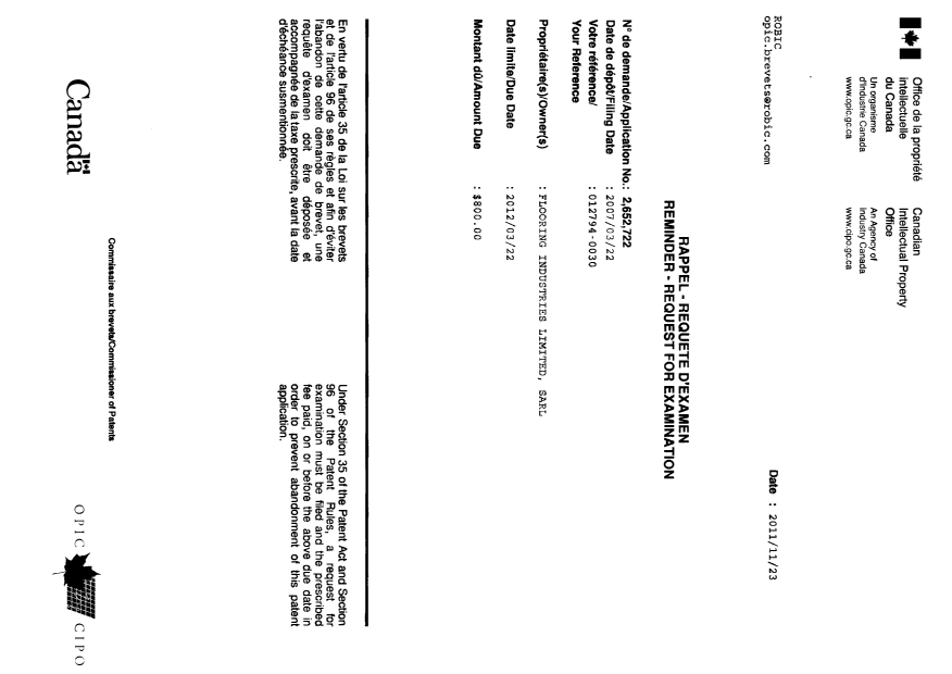 Document de brevet canadien 2652722. Correspondance 20111123. Image 1 de 1