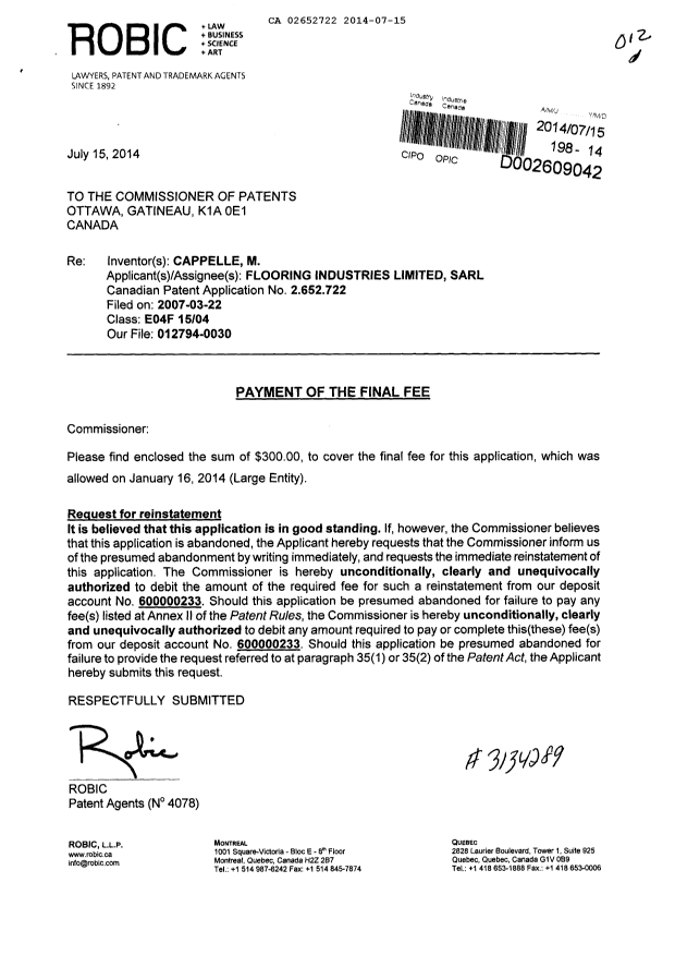 Document de brevet canadien 2652722. Correspondance 20140715. Image 1 de 2