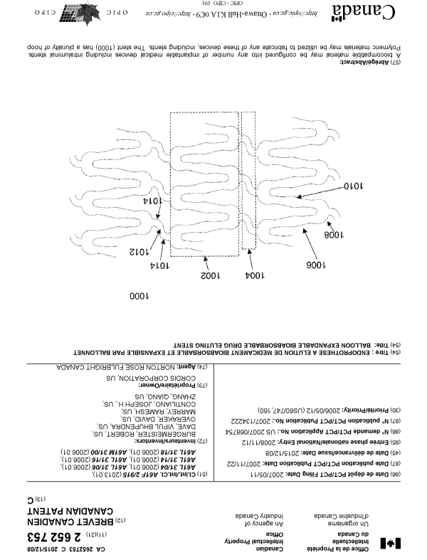 Document de brevet canadien 2652753. Page couverture 20141217. Image 1 de 2