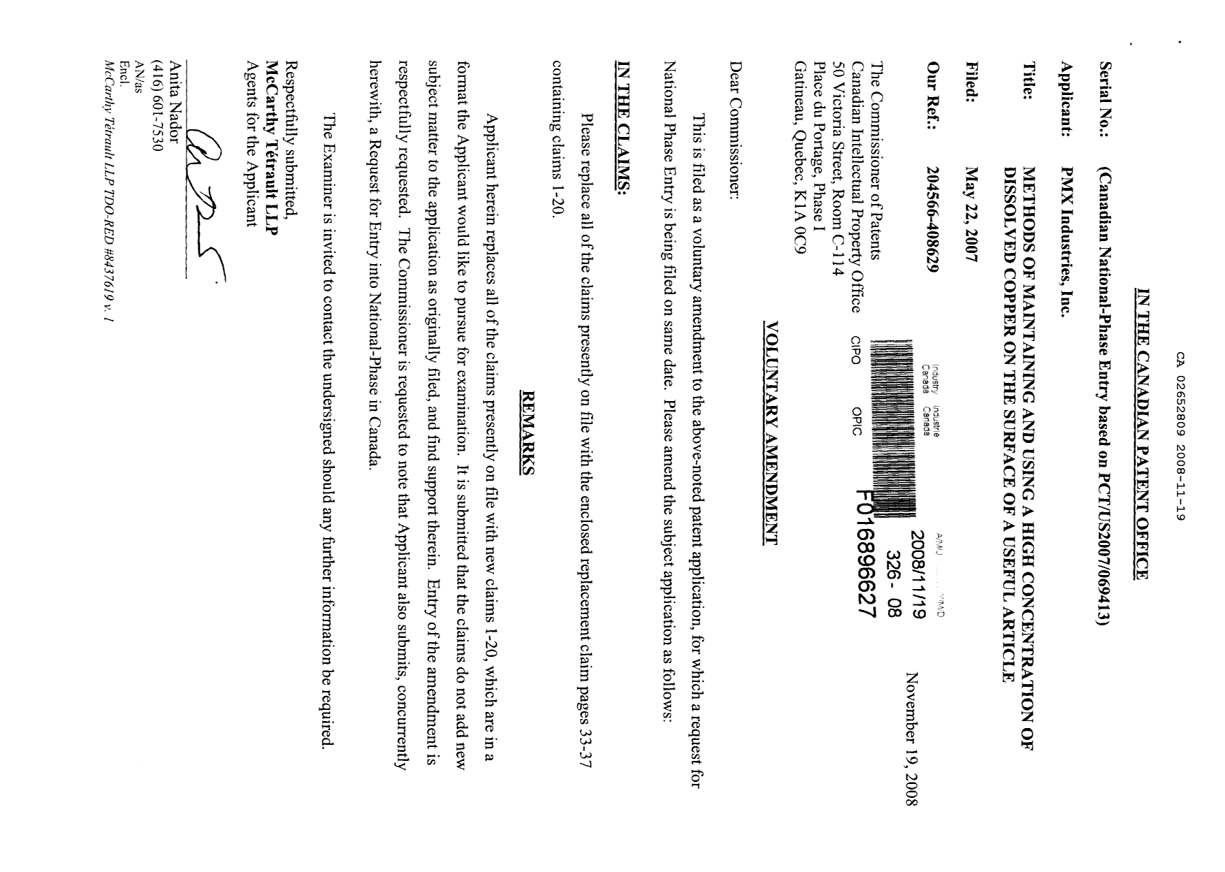 Canadian Patent Document 2652809. Prosecution-Amendment 20081119. Image 1 of 6