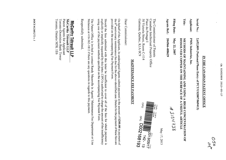 Document de brevet canadien 2652809. Taxes 20130517. Image 1 de 1