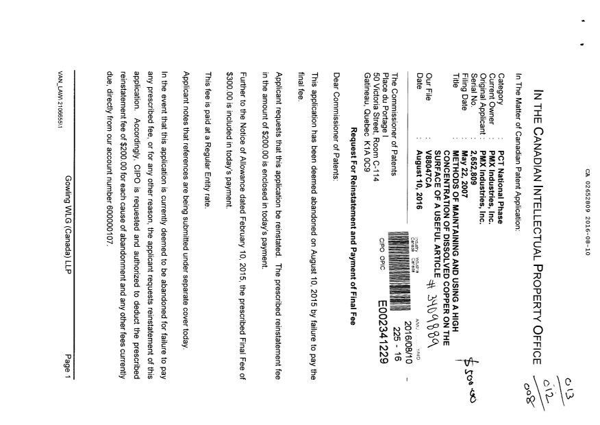 Document de brevet canadien 2652809. Correspondance 20160810. Image 1 de 2