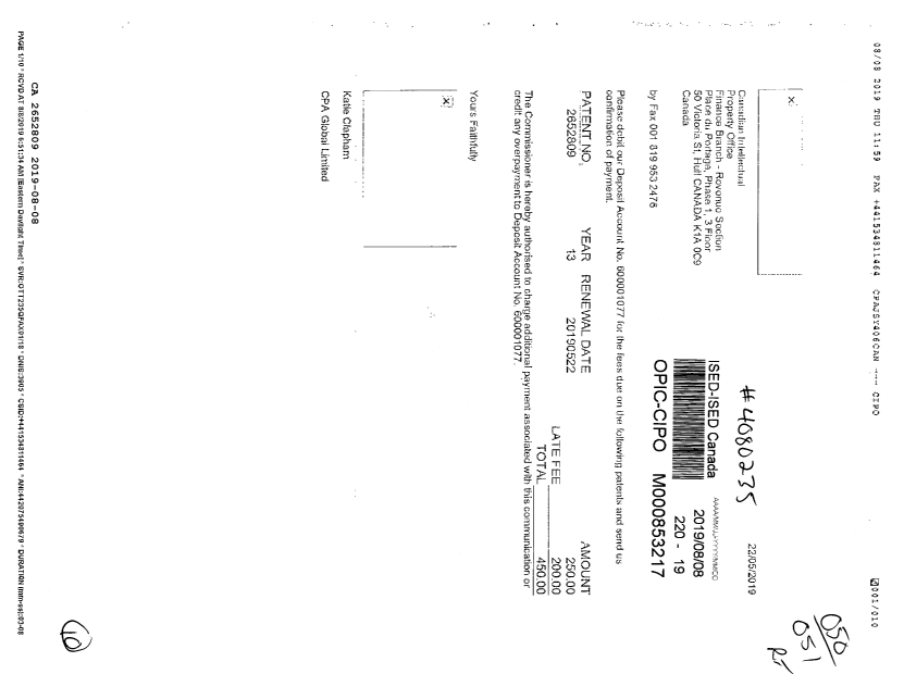 Canadian Patent Document 2652809. Maintenance Fee Correspondence 20190808. Image 1 of 10
