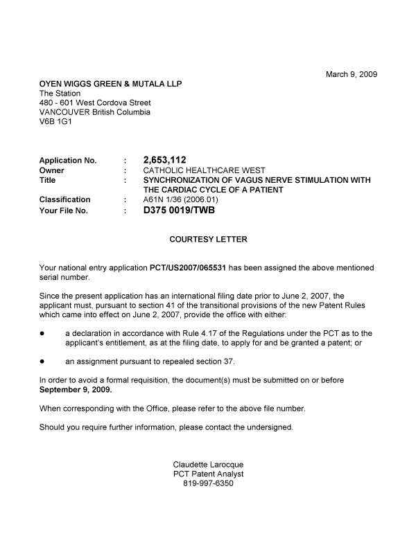 Document de brevet canadien 2653112. Correspondance 20090309. Image 1 de 1