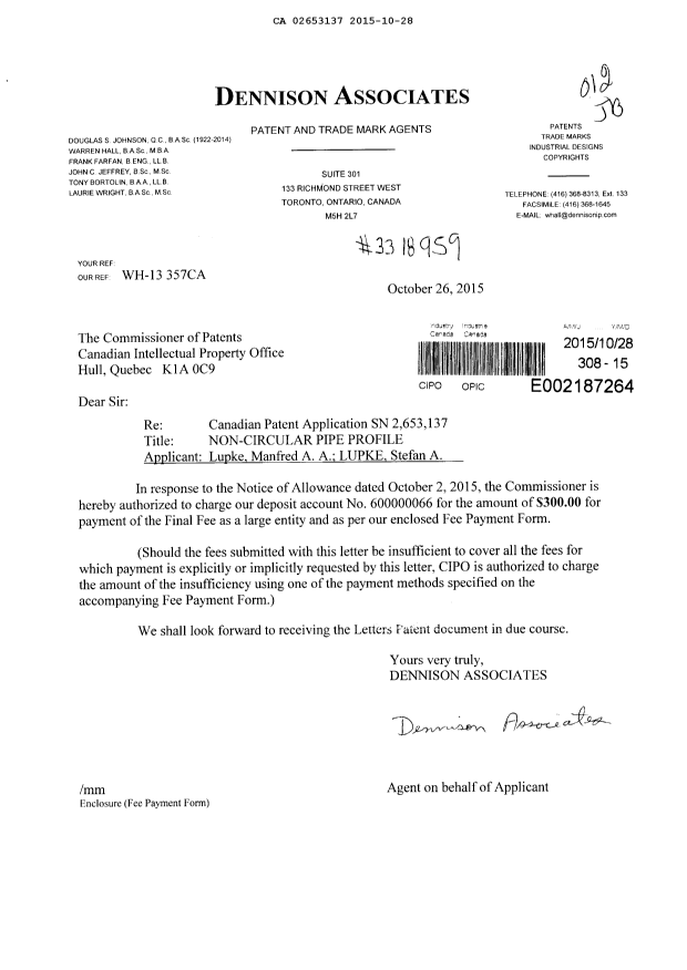 Document de brevet canadien 2653137. Taxe finale 20151028. Image 1 de 1
