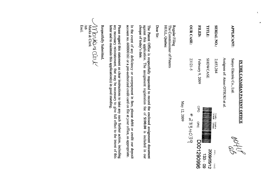 Document de brevet canadien 2653264. Cession 20090512. Image 1 de 2