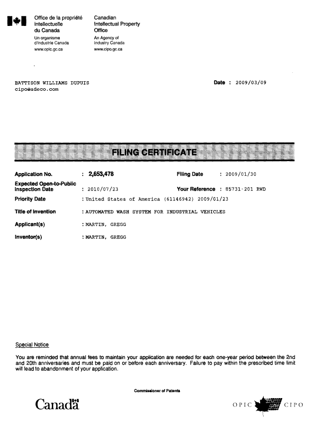 Document de brevet canadien 2653478. Correspondance 20090309. Image 1 de 1