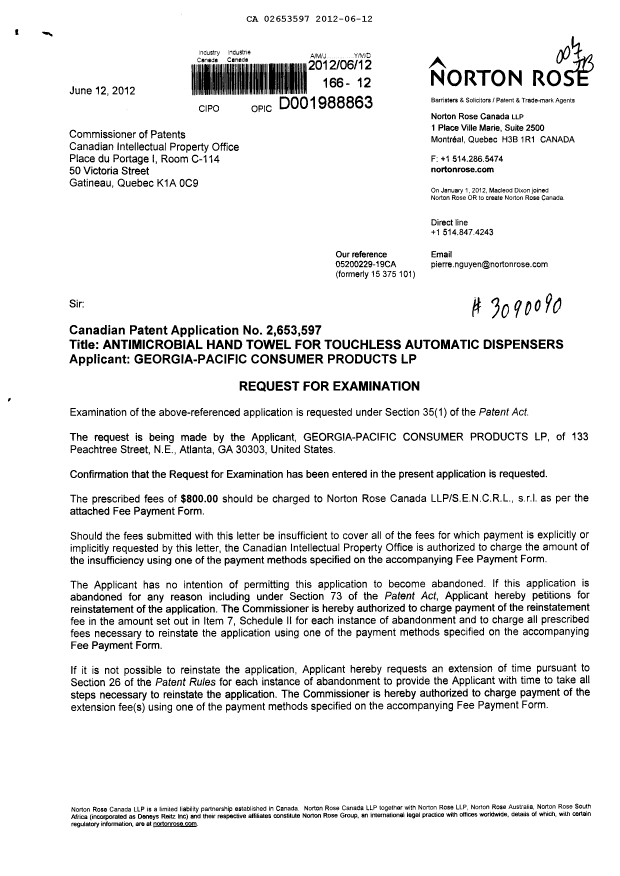 Document de brevet canadien 2653597. Poursuite-Amendment 20120612. Image 1 de 2
