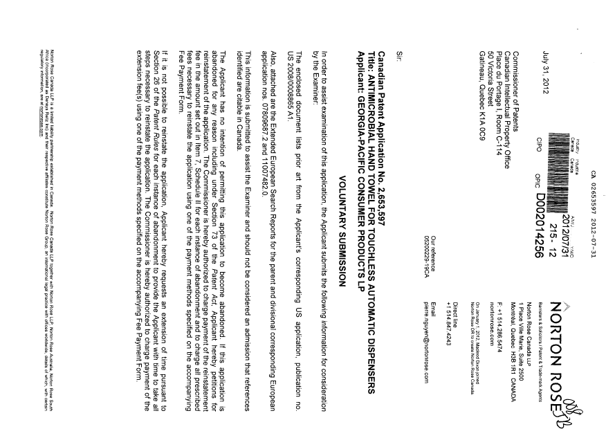 Canadian Patent Document 2653597. Prosecution-Amendment 20120731. Image 1 of 2