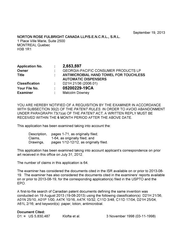 Document de brevet canadien 2653597. Poursuite-Amendment 20130919. Image 1 de 3