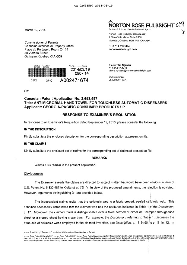 Canadian Patent Document 2653597. Prosecution-Amendment 20140319. Image 1 of 82