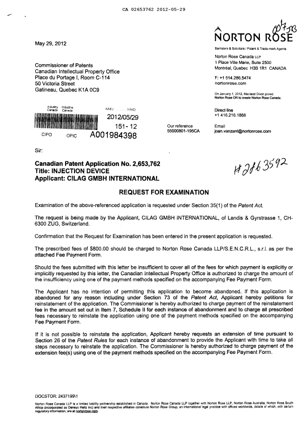 Document de brevet canadien 2653762. Poursuite-Amendment 20120529. Image 1 de 2