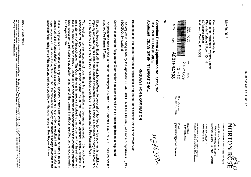 Canadian Patent Document 2653762. Prosecution-Amendment 20120529. Image 1 of 2