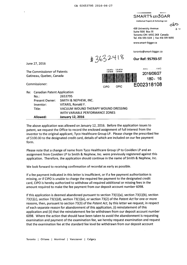 Document de brevet canadien 2653795. Cession 20151227. Image 1 de 5