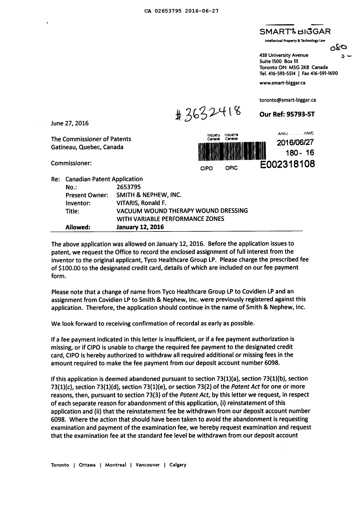 Canadian Patent Document 2653795. Assignment 20151227. Image 1 of 5