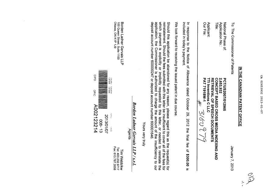 Document de brevet canadien 2653932. Correspondance 20121207. Image 1 de 1