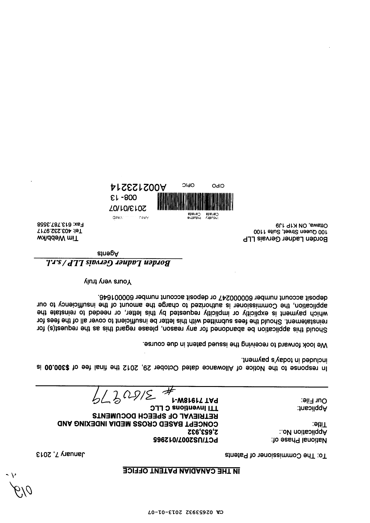 Canadian Patent Document 2653932. Correspondence 20121207. Image 1 of 1