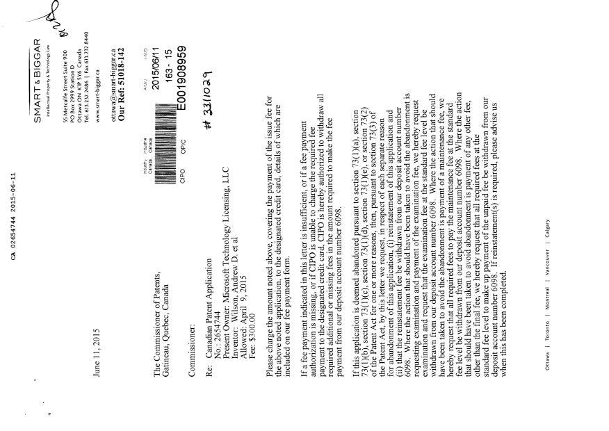 Canadian Patent Document 2654744. Final Fee 20150611. Image 1 of 2