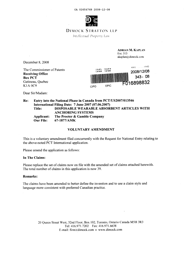 Canadian Patent Document 2654768. Prosecution-Amendment 20081208. Image 1 of 11