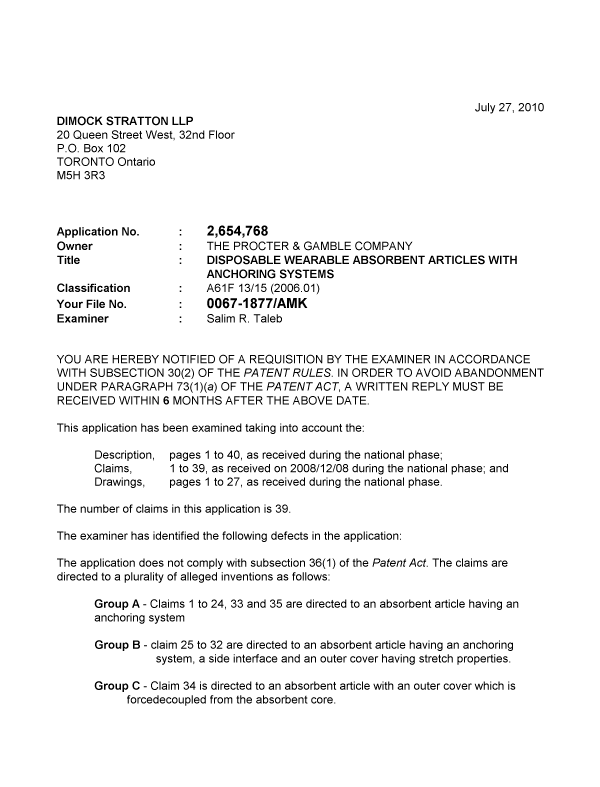 Canadian Patent Document 2654768. Prosecution-Amendment 20100727. Image 1 of 5