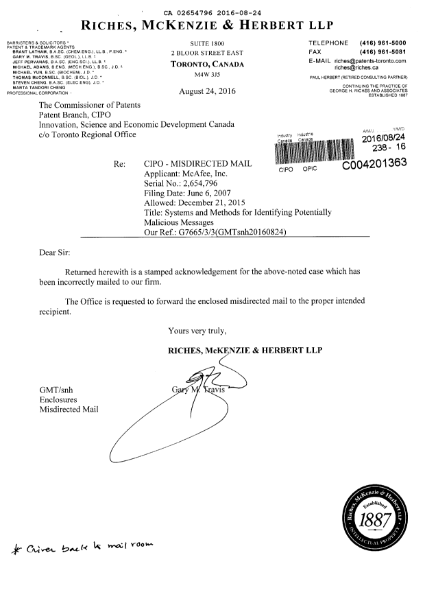 Document de brevet canadien 2654796. Correspondance de conformité 20160824. Image 1 de 2