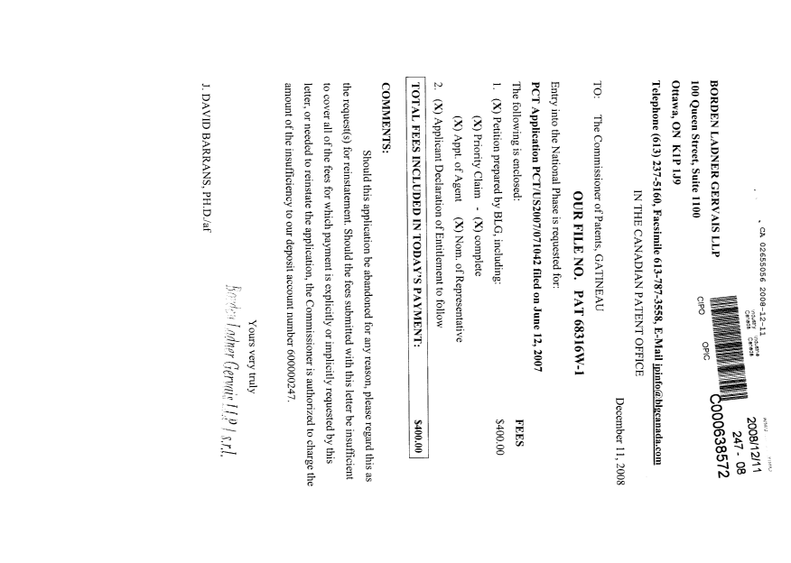 Document de brevet canadien 2655056. Cession 20081211. Image 1 de 3