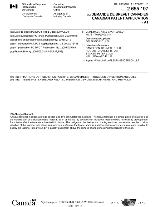 Document de brevet canadien 2655197. Page couverture 20090429. Image 1 de 1