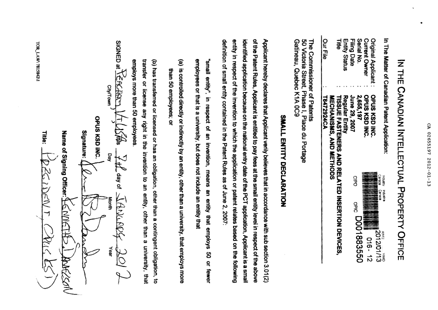 Document de brevet canadien 2655197. Correspondance 20111213. Image 2 de 2