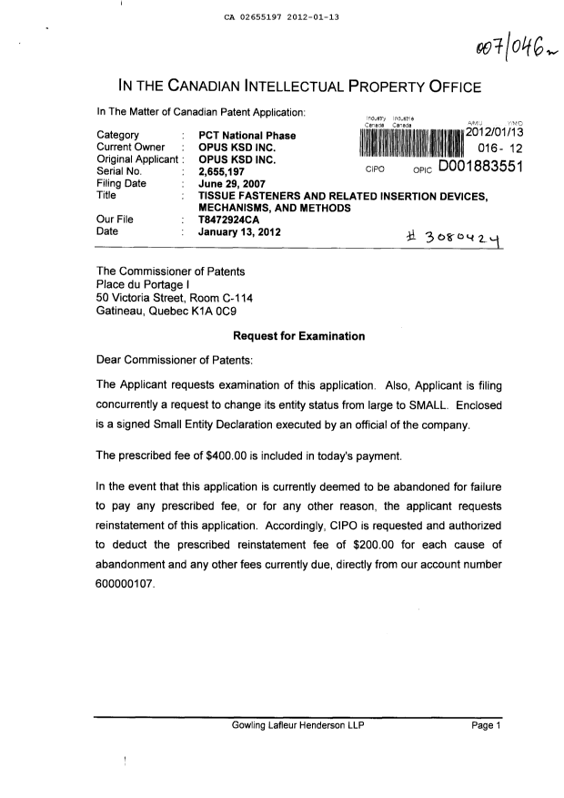 Document de brevet canadien 2655197. Correspondance 20120113. Image 1 de 3