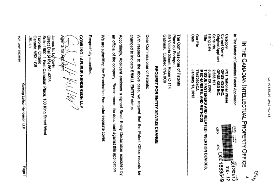 Canadian Patent Document 2655197. Correspondence 20120113. Image 1 of 2