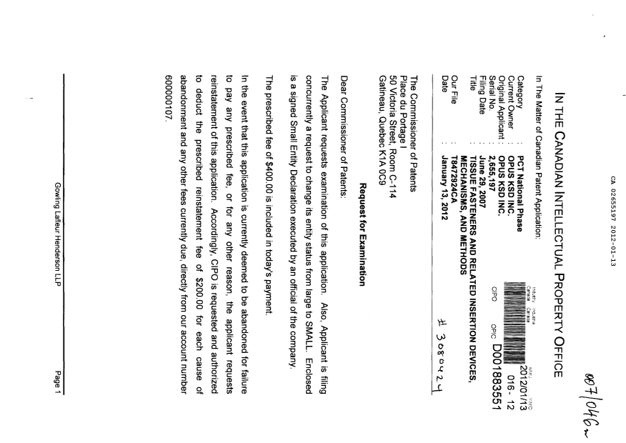 Canadian Patent Document 2655197. Prosecution-Amendment 20120113. Image 1 of 2
