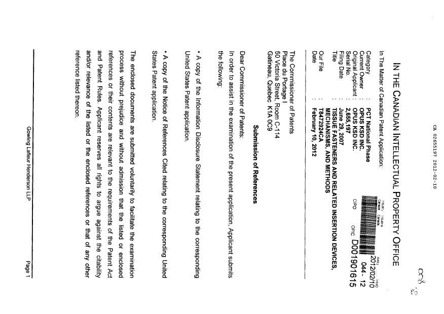 Canadian Patent Document 2655197. Prosecution-Amendment 20120210. Image 1 of 2