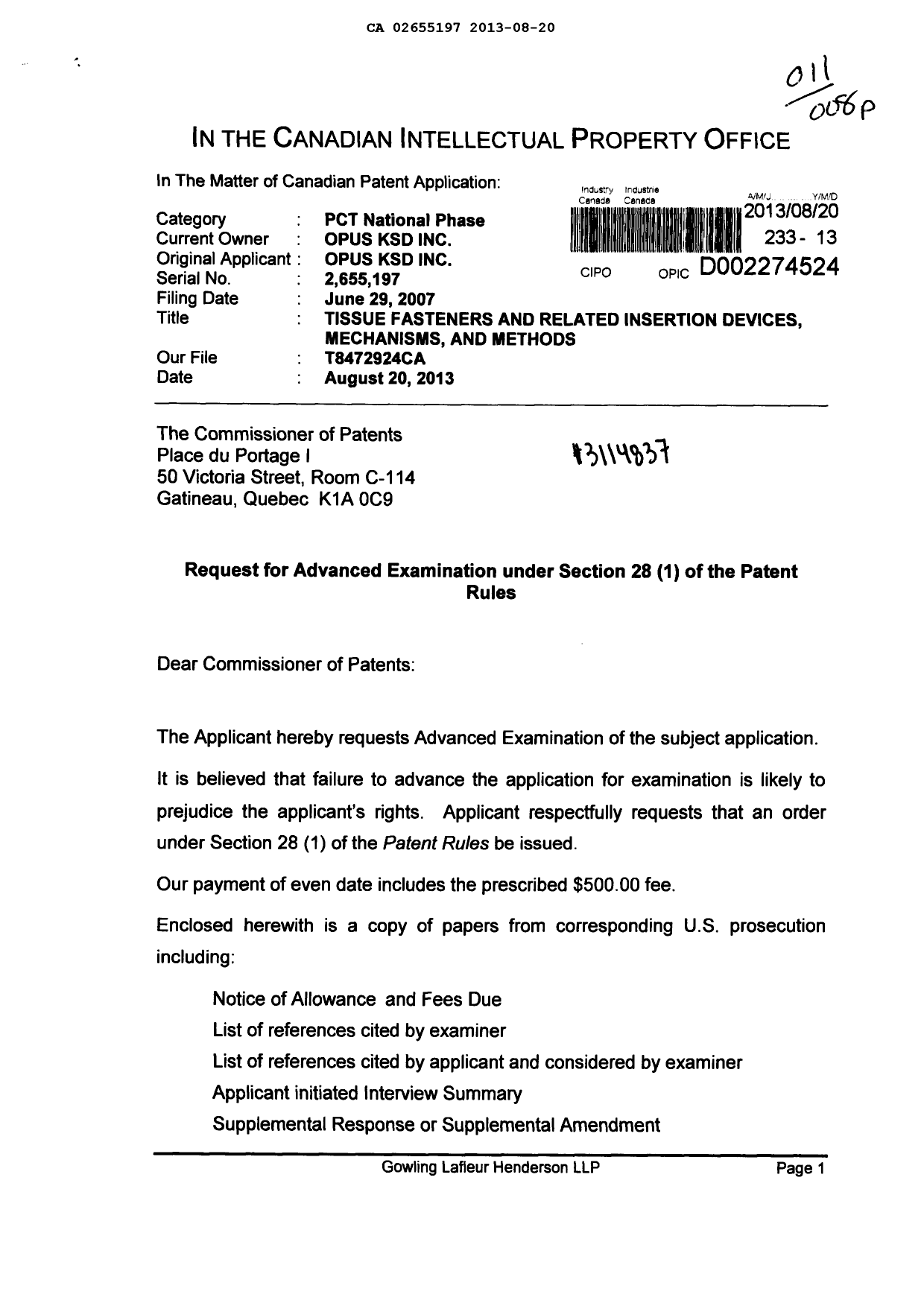 Canadian Patent Document 2655197. Prosecution-Amendment 20130820. Image 1 of 2