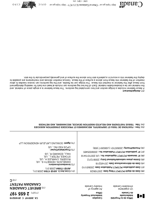 Document de brevet canadien 2655197. Page couverture 20131222. Image 1 de 1