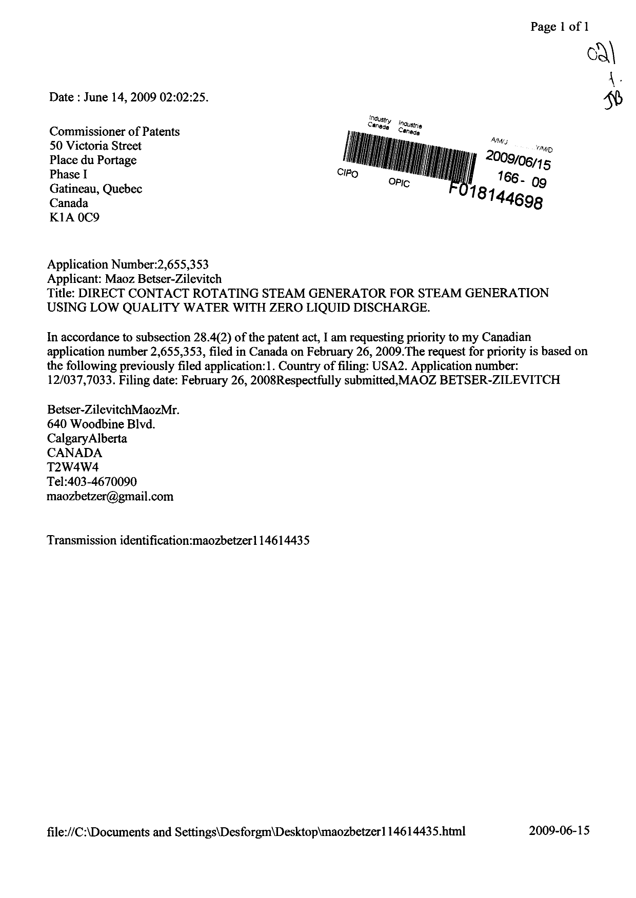 Canadian Patent Document 2655353. Correspondence 20090615. Image 1 of 1
