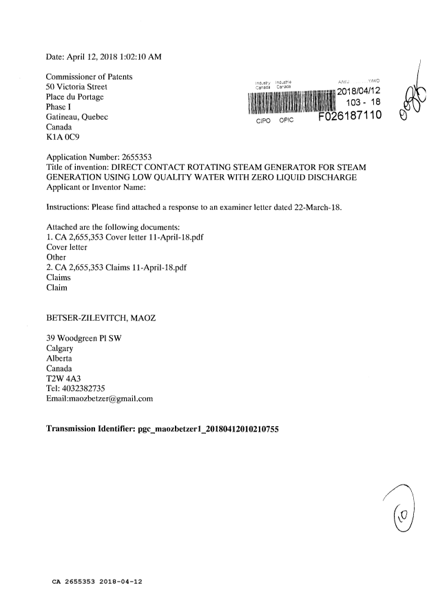 Document de brevet canadien 2655353. Modification 20180412. Image 1 de 10