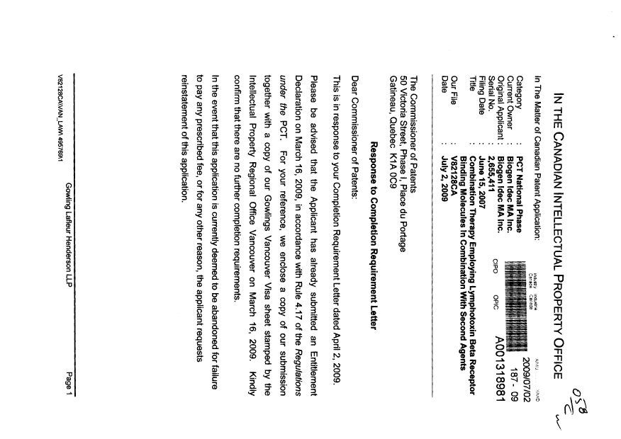 Document de brevet canadien 2655411. Correspondance 20090702. Image 1 de 20