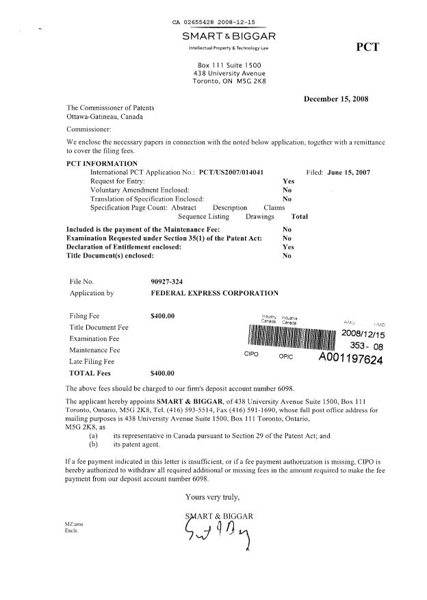 Document de brevet canadien 2655428. Cession 20071215. Image 1 de 3