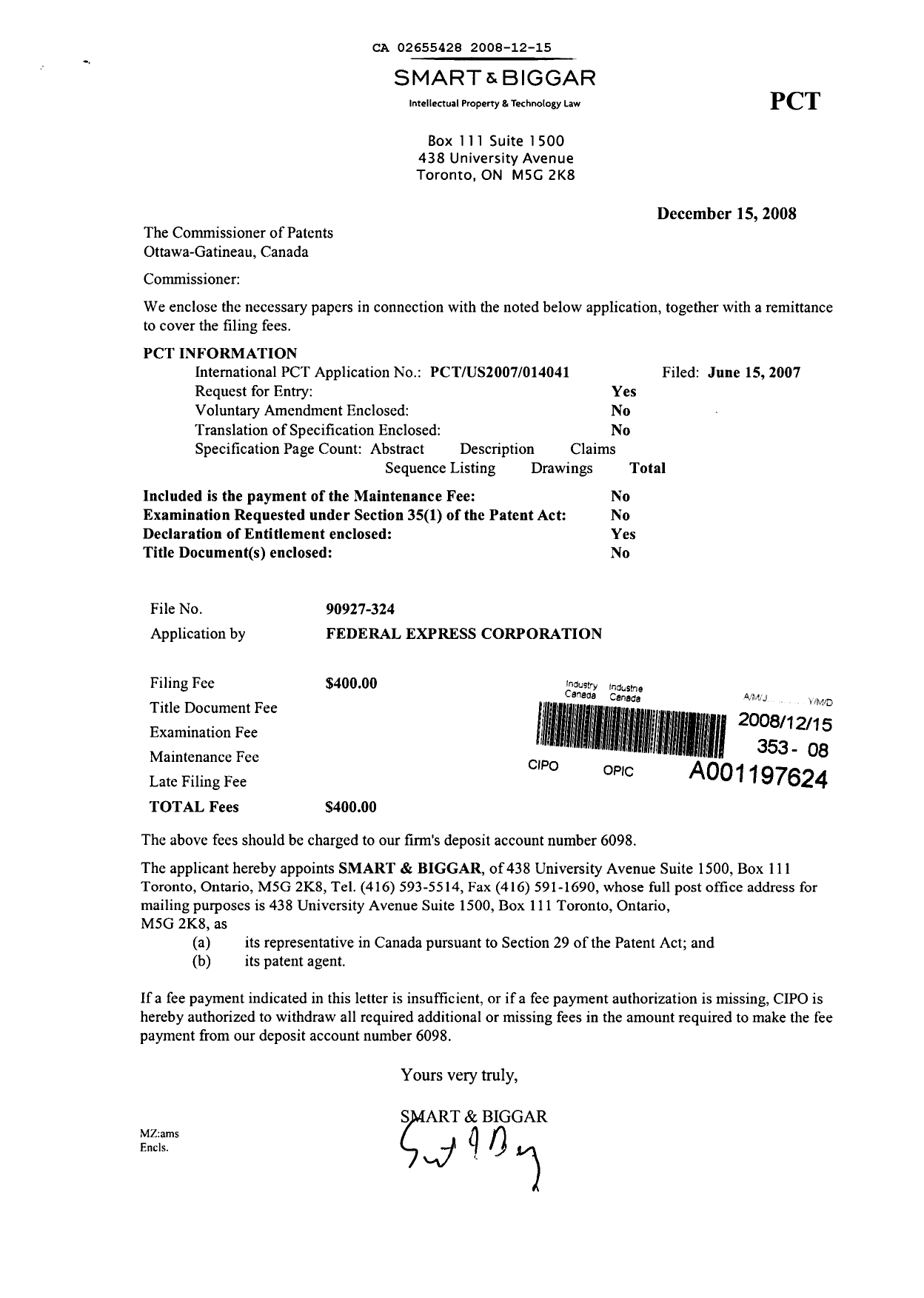 Canadian Patent Document 2655428. Assignment 20071215. Image 1 of 3